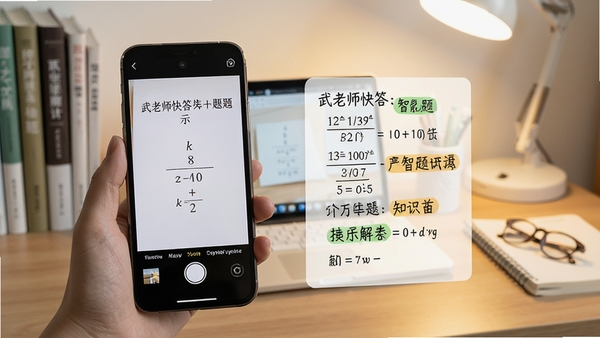 武老师快答智能搜题功能演示,手机拍摄一道数学题,屏幕浮现详细解题步骤与知识点标注,背景为整洁的书桌,光线柔和,教育科技风格