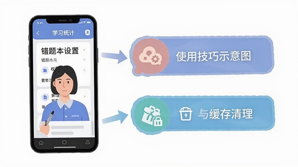 武老师快答使用技巧示意图,手机屏幕展示错题本与学习统计界面,旁边有提示标签标注权限设置与缓存清理,扁平化信息图风格