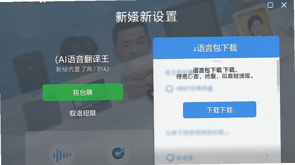 AI语音翻译王新手设置界面截图,展示权限开启与语言包下载页面