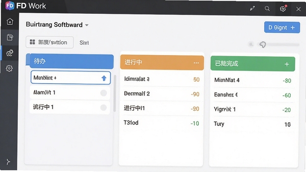 FD Work软件界面中展示智能任务看板功能,包含待办、进行中、已完成列表,界面简洁高效,带有软件名称标识