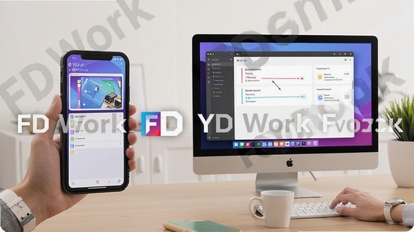 FD Work软件在手机与电脑端同步使用的场景示意图,展示多端协作与任务同步,带有软件名称水印