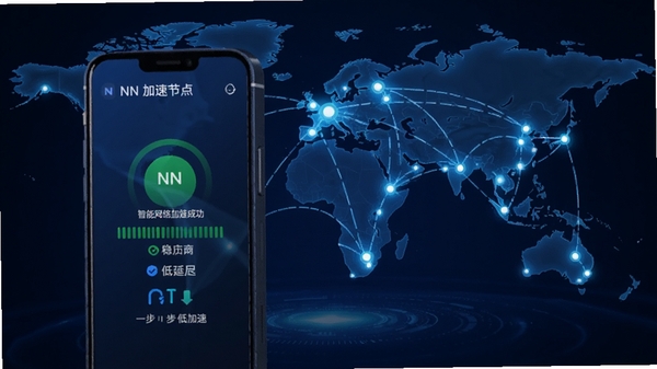 NN智能网络加速助手软件界面展示,科技感蓝色调,手机屏幕中显示加速节点连接成功状态,背景为全球网络节点地图,突出稳定加速与低延迟概念