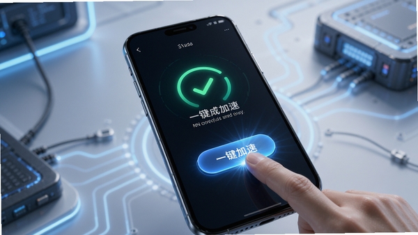NN加速器移动端操作界面展示,手指点击一键加速按钮的瞬间,手机屏幕显示连接成功动画,背景为简约科技风格