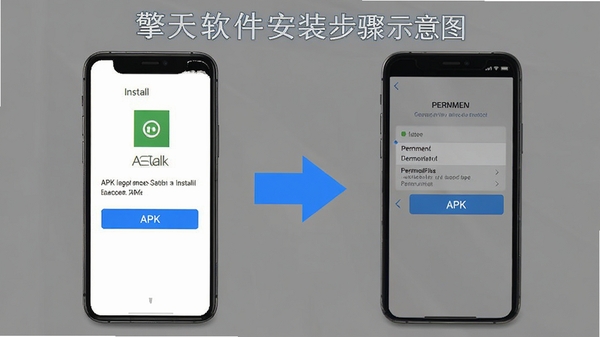 ����������װ����ʾ��ͼ���ֻ���Ļ��ʾAPK��װ������Ȩ������ҳ�棬������˵Ĳ���ָ�������ɫ�����ؼ���ť