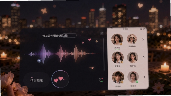 情花软件语音速配功能界面,展示声波匹配动画和用户头像列表,背景是温馨的夜晚城市灯光,突出声音社交的浪漫感