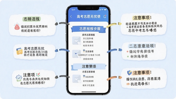 高考志愿无忧使用教程示意图,手机显示志愿填报步骤和注意事项标注
