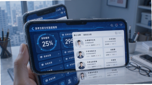 高考志愿无忧智能推荐界面,手机屏幕显示录取概率百分比和院校列表,蓝色科技风格