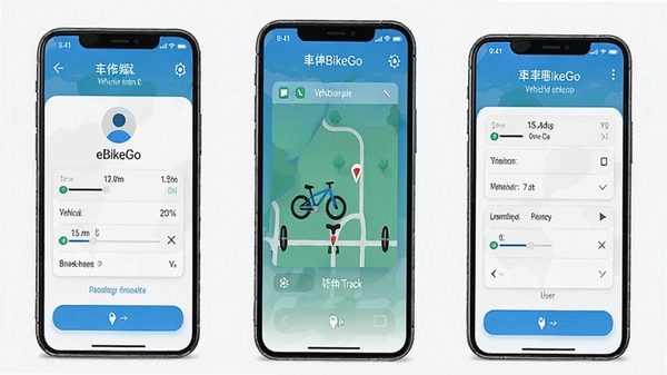 eBikeGo手机App操作界面截图,展示车辆绑定与骑行轨迹记录功能,清新蓝色主题,用户友好布局