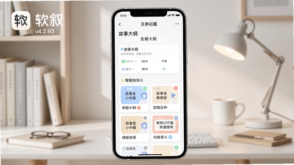 软叙app主界面截图,展示智能叙事创作工具与模板库,手机屏幕显示故事大纲生成功能,背景为简约清新的书房环境,突出“软叙”Logo与v4.2.93版本字样