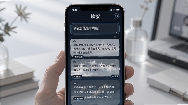 软叙智能续写功能演示图,手机屏幕显示故事文本输入框与AI生成的多段续写内容,界面带有“软叙”品牌标识,风格为科技感与文艺感结合