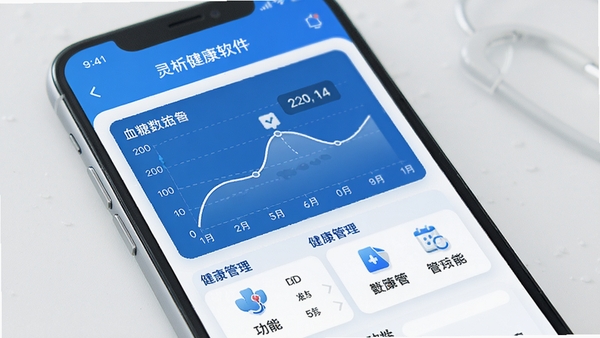 灵析健康软件主界面展示,手机屏幕显示血糖数据曲线图与健康管理功能模块,简洁医疗风格,蓝白色调,高清UI设计图
