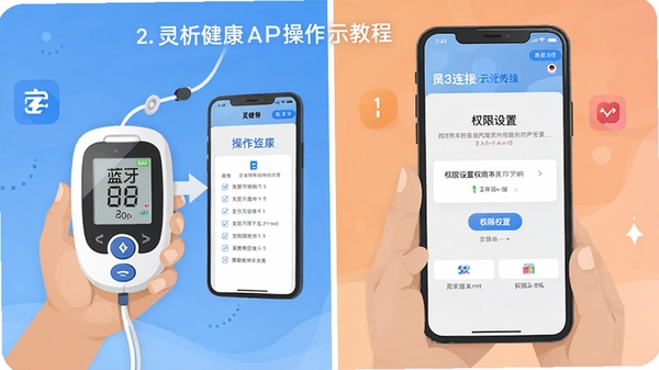 灵析健康APP操作教程示意图,展示蓝牙血糖仪连接手机步骤与权限设置界面,分步骤操作指引,扁平化设计风格