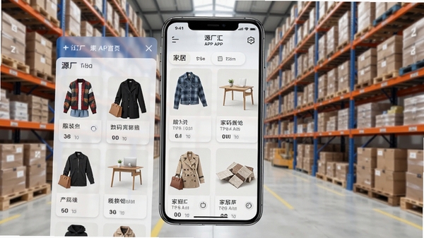 源厂汇厂家APP首页展示各类工厂货源分类,手机屏幕显示服装、数码、家居等商品列表,背景为现代化仓库场景,明亮商务风格