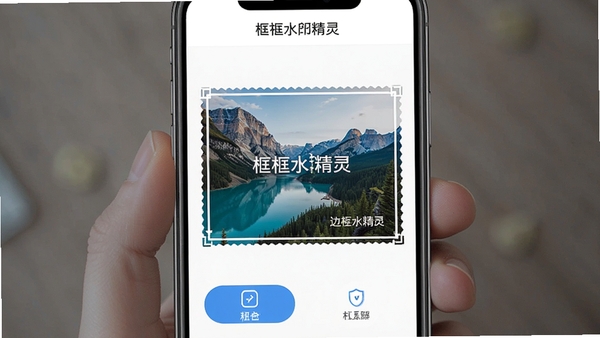 �߿�ˮӡ����APP����չʾ���ֻ���Ļ����ʾһ�ŷ羰��Ƭ�������Ӱ�ɫ��Լ�߿������ˮӡ��������ˬ�����ܰ�ť�����ɼ����������Ʊ߿�ˮӡ�����������Ļ����