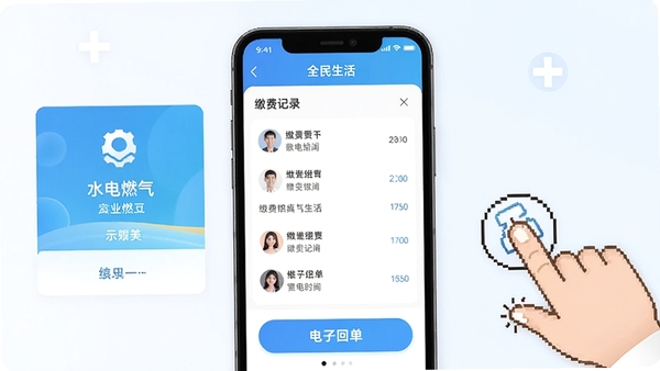 ����һ��ȫ������APP����ɷ�ҳ����ֻ�����ʾ��ͼ��������ʾˮ��ȼ���ɷ���ڡ��ɷѼ�¼�б������ӻص���ť���Ա�����ָ�������ʾͼ�꣬����������
