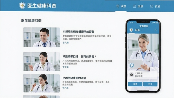 i医生健康科普内容页面,展示文章列表和阅读界面,风格清新专业