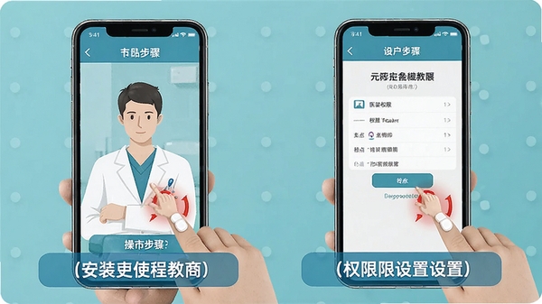 i医生使用教程示意图,展示手机安装步骤和权限设置界面,突出操作要点