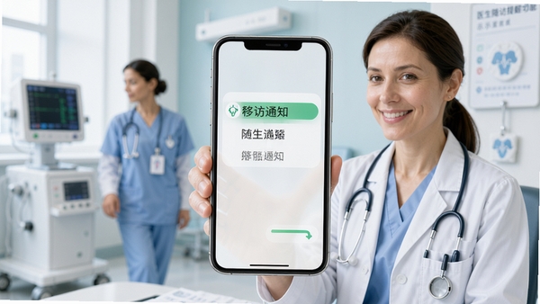 i医生随访提醒功能示意图,手机弹出随访通知,背景为医疗健康场景