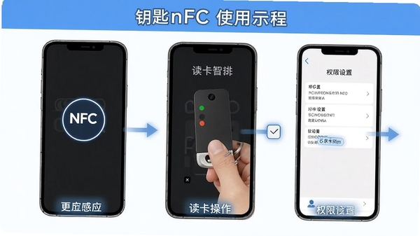 钥匙nfc使用教程示意图,展示手机NFC感应区位置、读卡操作步骤和权限设置界面,配有文字标注说明,适合新手参考,简洁明了的教学风格
