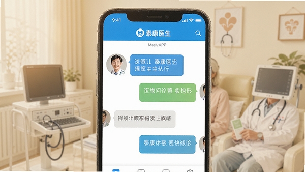 ̩��ҽ��APP����չʾ���ֻ���Ļ��ʾ��������Ի����ڣ�ҽ��ͷ�����û������¼�����ɼ�������Ϊ��ܰ��ҽ�ƽ������⣬��ɫ���ɫΪ��ɫ����ͻ��̩��ҽ��Ʒ�Ʊ�ʶ