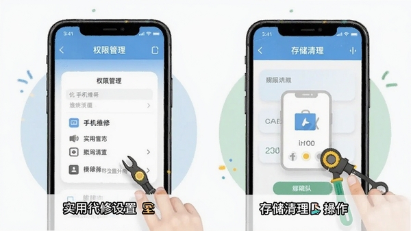 手机维修与设置界面风格插图,展示应用权限管理与存储清理操作,实用教程感