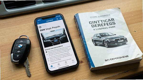 手机屏幕展示BMW驾驶指南保养知识页面,旁边放置车钥匙与保养手册,生活化场景