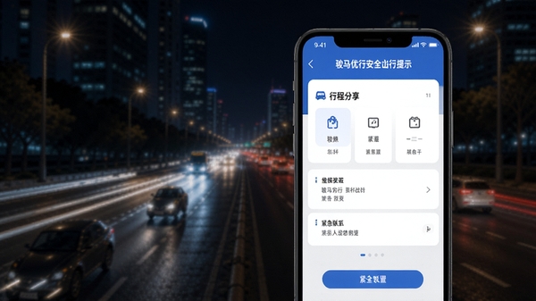 �������а�ȫ������ʾ���棬�ֻ���Ļ��ʾ�г̷����ͽ�����ϵ������ҳ�棬����Ϊҹ����е�·��ͻ����ȫ��������