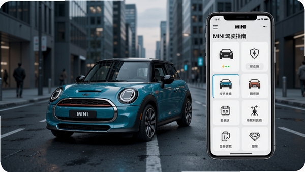 MINI��ʻָ������������չʾ��һ������MINI����ͣ�ڳ��н�ͷ���ֻ���Ļ����ʾMINI��ʻָ��APP���棬��������չʾ��������ͼ����̷̳��࣬�������ִ��Ƽ��У��ʺ�����վ��ͼ