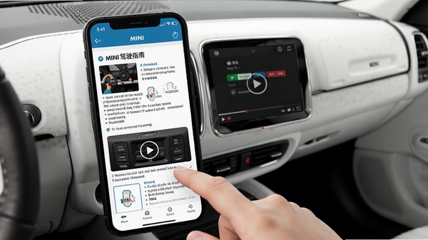 MINI��ʻָ��APP��ҳչʾ���ֻ���Ļ����ͼ�Ľ̳�����Ƶ���Ž��棬��������MINI�������ΰ�����ע���û���ָ�����Ļѧϰ����������Ϊ���İ�ɫ���ڻ���