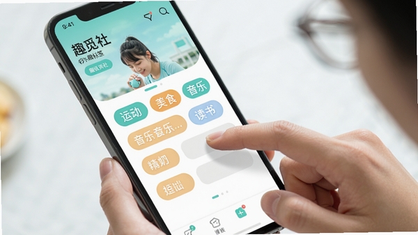 Ȥ������Ȥ��ǩѡ����棬ͬ���罻APP��������ɫ���ֻ���Ļչʾ�˶���ʳ���ֶ���ȱ�ǩ�������û����ڻ���ѡ�񣬽���������