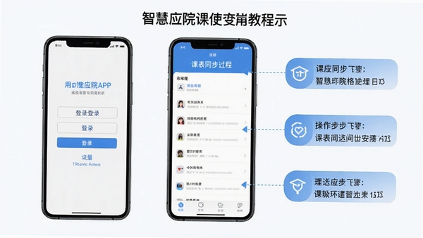 �ǻ�ӦԺAPPʹ�ý̳�ʾ��ͼ���ֻ���Ļչʾ��¼����Ϳα�ͬ�����̣��Ա��в��������ע��������˵Ľ�ѧ���