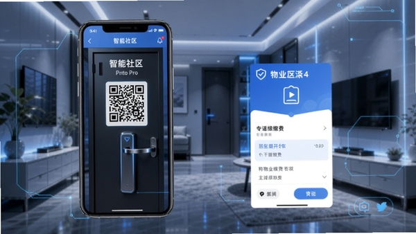 慧生活Pro软件界面展示图,手机屏幕显示智慧社区门禁开门二维码和物业缴费页面,现代家居背景,科技感蓝色调