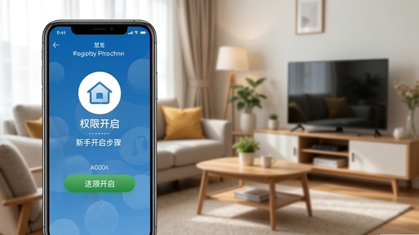 慧生活Pro新手设置教程示意图,手机屏幕显示权限开启步骤,背景为居家客厅环境,图标醒目