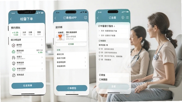 ��ܰ����APP�ƶ��˲��������ͼ��չʾԤԼ�µ�������ʦѡ�񡢶������ٵȺ��Ĺ���ҳ�棬����������࣬ͻ��ҽ�ƽ������񳡾�