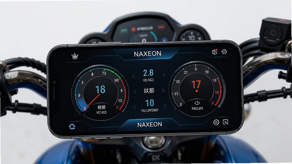 NAXEON����״̬��ؽ��棬�ֻ���Ļ��ʾ̥ѹ����ѹ��������������Ǳ��̣�Ħ�г����ֱ������Ƽ���ɫ��������ϸ��