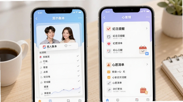 一些事一些情软件功能界面,展示双人账本、纪念日提醒和心愿清单