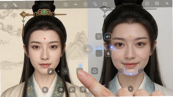 AI写真换脸相机操作界面,用户正在用手指调整面部融合位置,屏幕中显示古风模板与用户面部预览效果