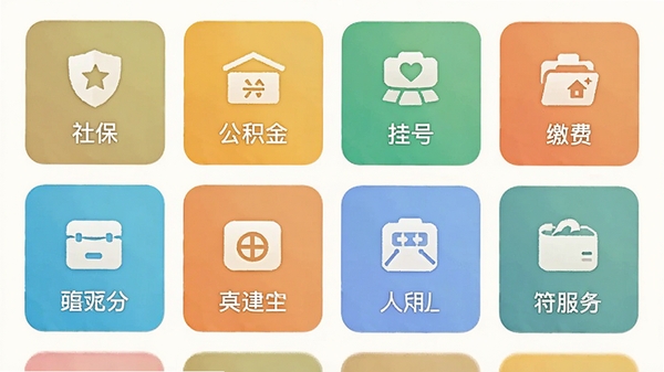 ���APP�������ҳ�棬չʾ�����������ͼ����󣬰����籣�������𡢹Һš��ɷѵ���ڣ����沼�����룬��ɫ�ºͣ����ֱ����