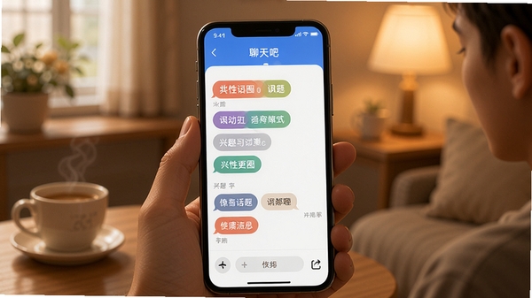 两性聊天吧app内兴趣话题圈子界面展示,温馨聊天氛围,手机屏幕显示多个话题标签,高清UI设计风格