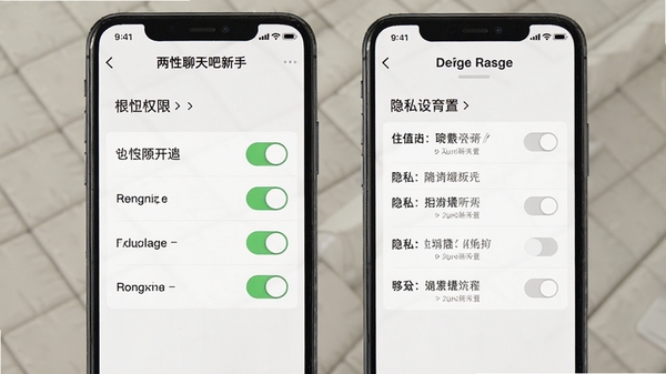 两性聊天吧新手设置界面截图,展示权限开启和隐私设置页面,手机屏幕清晰显示各项开关