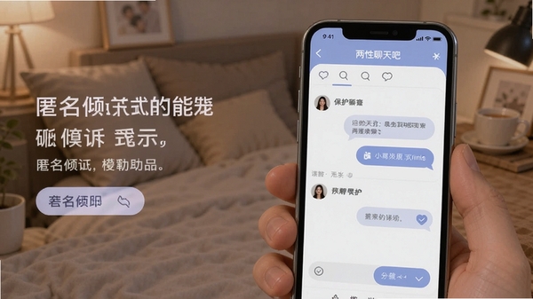 两性聊天吧匿名倾诉模式功能展示,手机界面显示匿名聊天窗口,柔和色调,保护隐私主题
