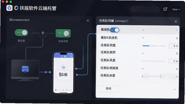 扶摇软件云端托管设置界面,展示离线挂机开关与任务队列,手机与服务器连接示意图,带扶摇标识