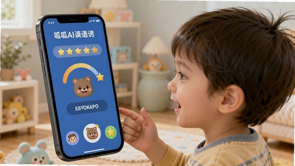 呱呱AI英语AI语音互动功能展示,孩子对着手机说英语,屏幕显示评分和卡通奖励