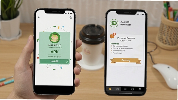呱呱AI英语安装教程示意图,手机屏幕显示APK安装界面和权限设置步骤