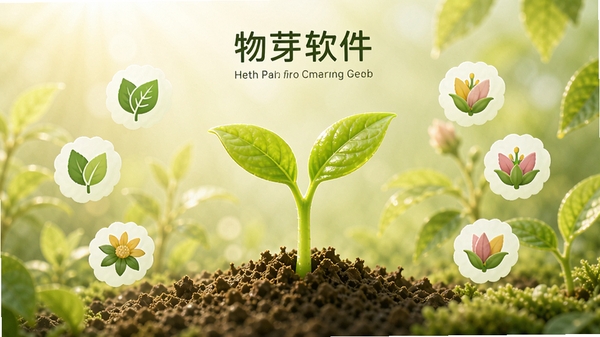 物芽软件启动界面展示,画面中央为一株嫩绿的新芽破土而出,周围环绕着各种植物叶片和花朵的图标,背景为柔和的自然光,整体色调清新明亮,突出植物识别与养护主题