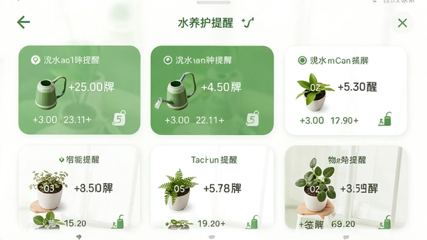物芽软件在手机上的养护提醒界面截图,显示多盆植物的浇水倒计时卡片,界面简洁清新,以绿色和白色为主色调,突出智能提醒功能