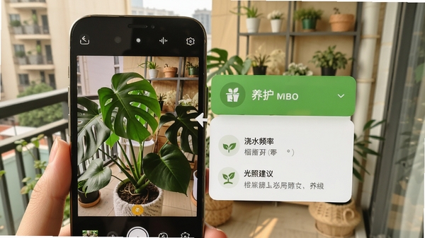 物芽软件拍照识别植物功能演示,手机屏幕中显示一株绿植被识别为“龟背竹”,旁边弹出养护卡片,包含浇水频率和光照建议,画面背景为温馨的家居阳台场景
