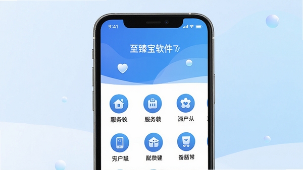 至臻宝软件界面展示图,手机屏幕上显示简洁明了的应用主界面,蓝色和白色为主色调,图标排列整齐,背景为淡雅渐变,突出便捷生活服务助手定位,画面干净清爽,适合软件下载页面配图
