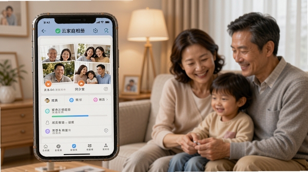 一家亲云家庭相册自动备份功能展示,手机屏幕显示多成员照片同步进度,温馨家庭场景,高清UI界面
