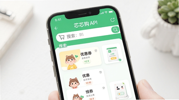 芯芯购APP首页展示优惠券列表和搜索框,手机购物省钱界面,清新绿色调,简洁明亮